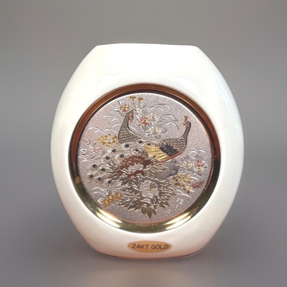Chokin Art Fine Porcelain Vase 24KT Gold Trim Peacock Metal Engraving Japan